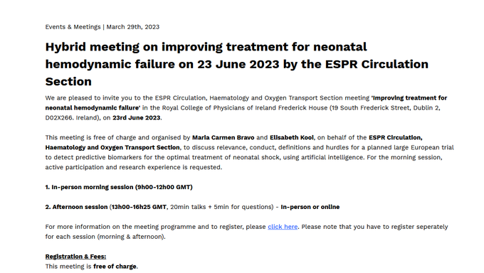European Society for Paediatric Research (ESPR) (@espr_esn) on Twitter photo Are you interested in improving treatment for #neonatal hemodynamic failure? Then join the <a href="/ESPR_ESN/">European Society for Paediatric Research (ESPR)</a> Circulation Section - free of charge - for their hybrid meeting at the Royal College of Physicians of Ireland, Dublin, on 23 June 2023. More info👉espr.eu/news/news-deta… Are you interested in improving treatment for #neonatal hemodynamic failure? Then join the <a href="/ESPR_ESN/">European Society for Paediatric Research (ESPR)</a> Circulation Section - free of charge - for their hybrid meeting at the Royal College of Physicians of Ireland, Dublin, on 23 June 2023. More info👉espr.eu/news/news-deta…