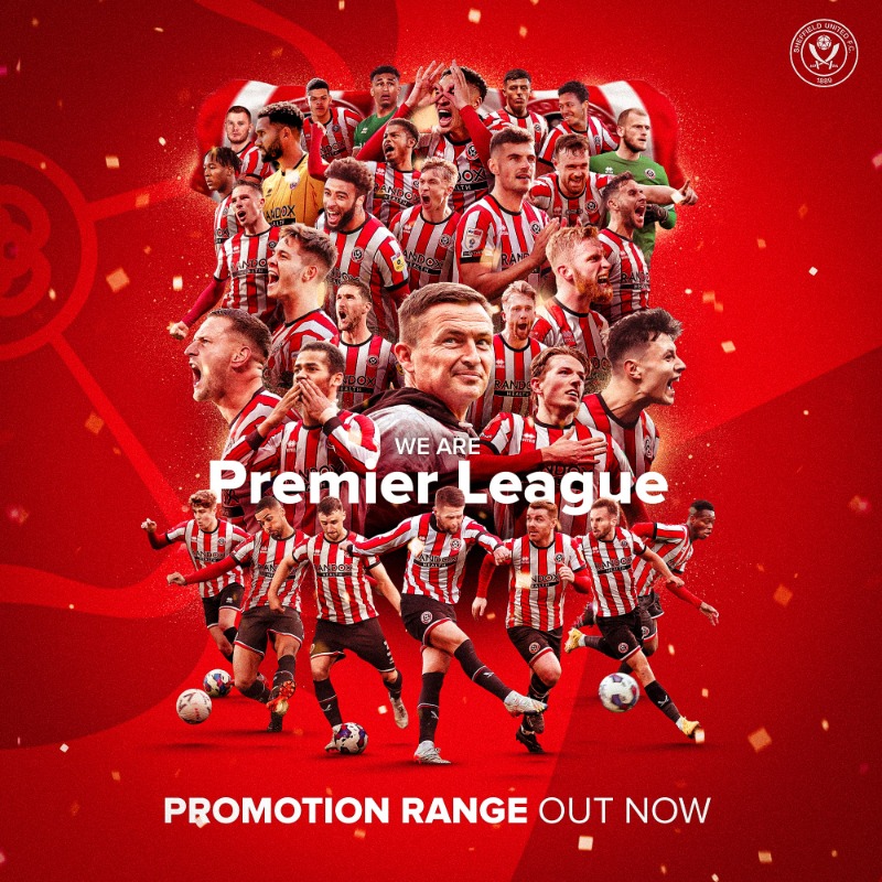 SUFCServices's tweet photo. Celebrate our promotion to the Premier League with our new range of products. 

Our Bramall Lane superstore is open tomorrow (Thursday 11th May) until 5pm in preparation for our promotion parade.

#SUFC 🔴