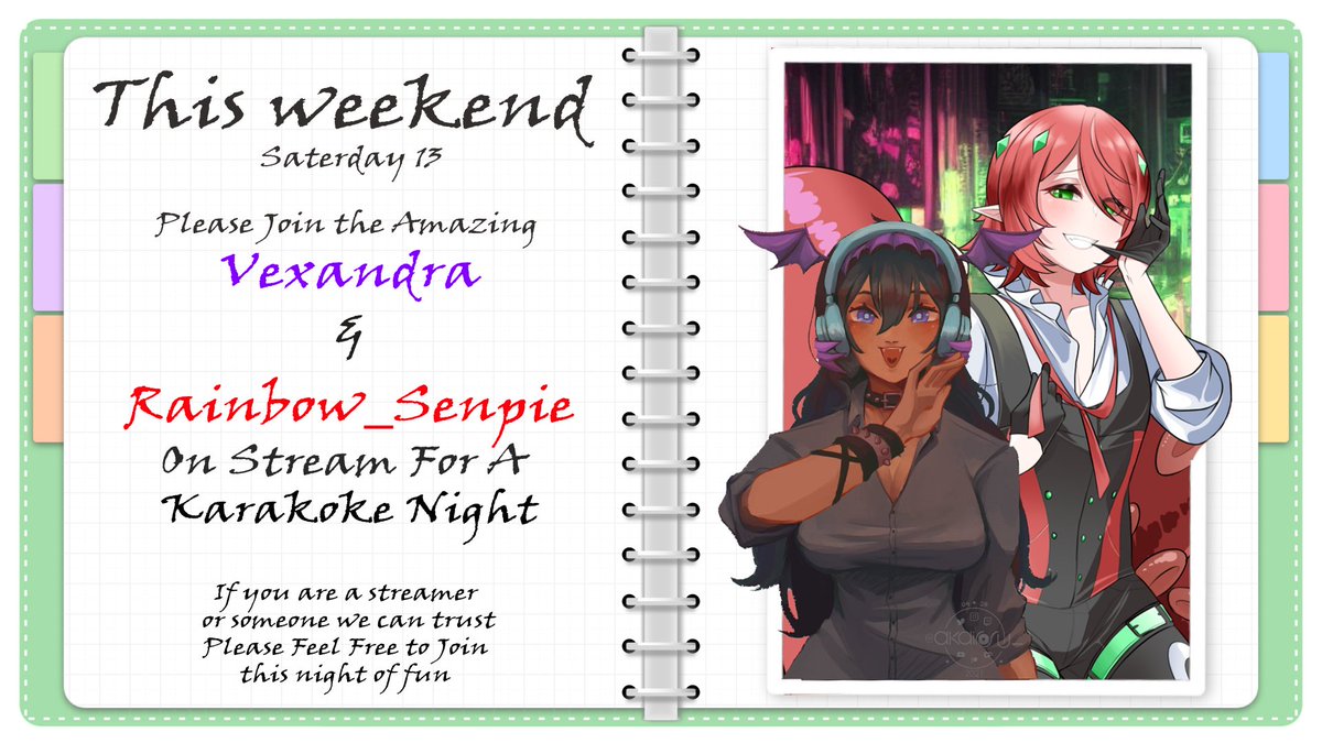 _Vexandra_'s tweet photo. SCHEDULE! Fri 6pm EST is open discussion anime talk with @RealVenom_Sage, Sat 3pm EST is voice acted Danganronpa with @A7xMikey and @PixelVixi and then after at 8pm EST will be Karaoke and games with @Rainbow_Senpie and you can send in requests! 🎤💓 https://t.co/Wcnucxekdk