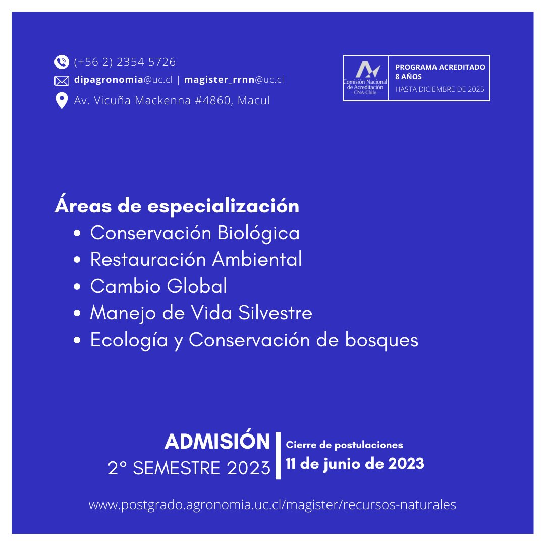 ¿Quieres diseñar y gestionar proyectos de conservación de recursos naturales? El Magíster en RRNN es para ti. Malla flexible, soluciones sostenibles y opciones de formación doctoral o acceso a trabajos en gestión de recursos naturales.

Postula al programa para el 2° semestre 23