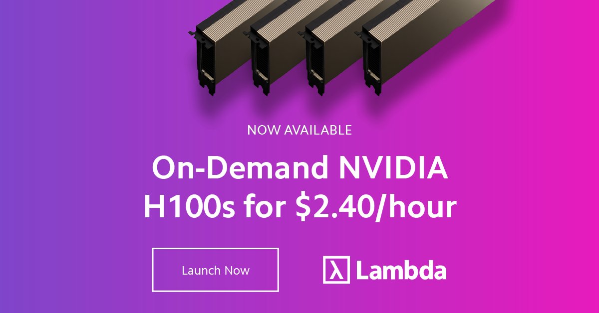 NVIDIA H100 Tensor Core GPUs just dropped on Lambda Cloud. 1x H100 80GB PCIe instances are LIVE for only $2.40/hr. Spin up an instance while they last: bit.ly/3M0DB2O