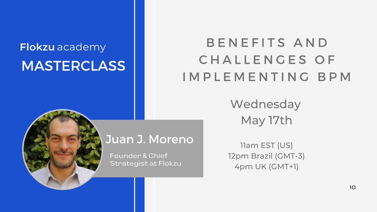 ⚠ New masterclass!
During this event, you will learn how to address the challenges that can arise during the implementation of a BPM software.
In addition, we'll revise the benefits that BPM can provide, that make overcoming these challenges worth it.
👉flokzu.com/masterclass-en/