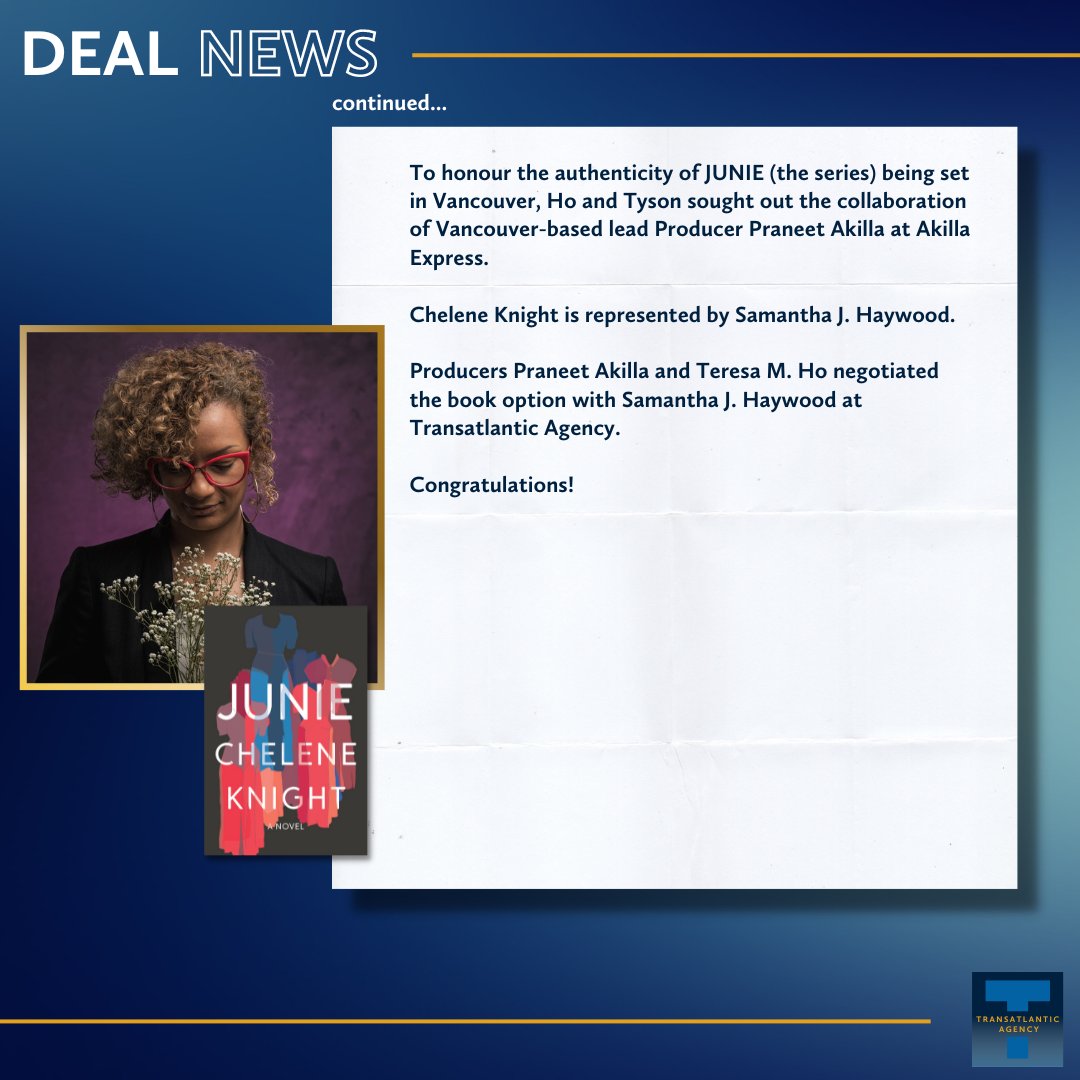 Film Deal News: Award-winning author Chelene Knight novel JUNIE will be developed into a 10-episode television series!

Producers <a href="/praneetakilla/">Praneet Akilla</a> and <a href="/thetho/">Teresa M Ho 🎞️💗🎾</a> negotiated the book option with <a href="/s_haywood/">Samantha Haywood</a> who represents <a href="/LWEstudio/">Chelene Knight</a> 

To learn more, click here: bit.ly/3I12Ssp