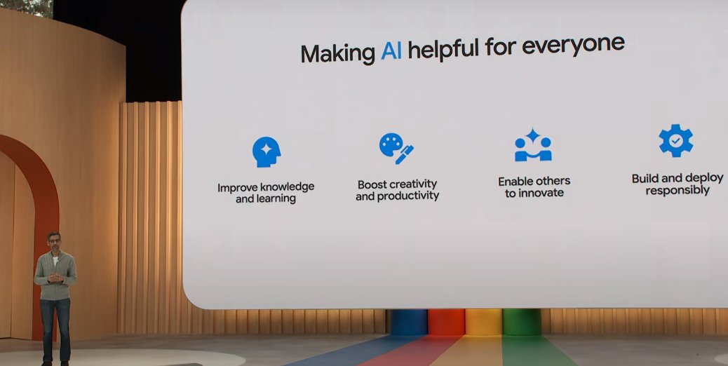 holgermu's tweet photo. 4 key thrust areas for #AI @Google says @SundarPichai
- Improve Knowledge and #Learnng
- Boost creativity and productivity
- Enable other to innovate
- Build and deploy responsibly
#GoogleIO https://t.co/NSyZO9eC0s