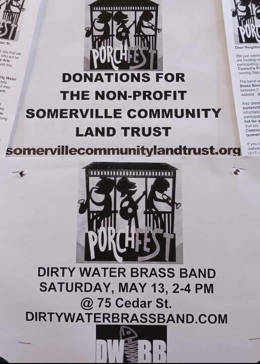 We are teaming back up with <a href="/dirtywaterbrass/">DWBB</a> at #SomervillePorchfest this Saturday! Join us at 75 Cedar St. from 2-4pm and bring your friends!