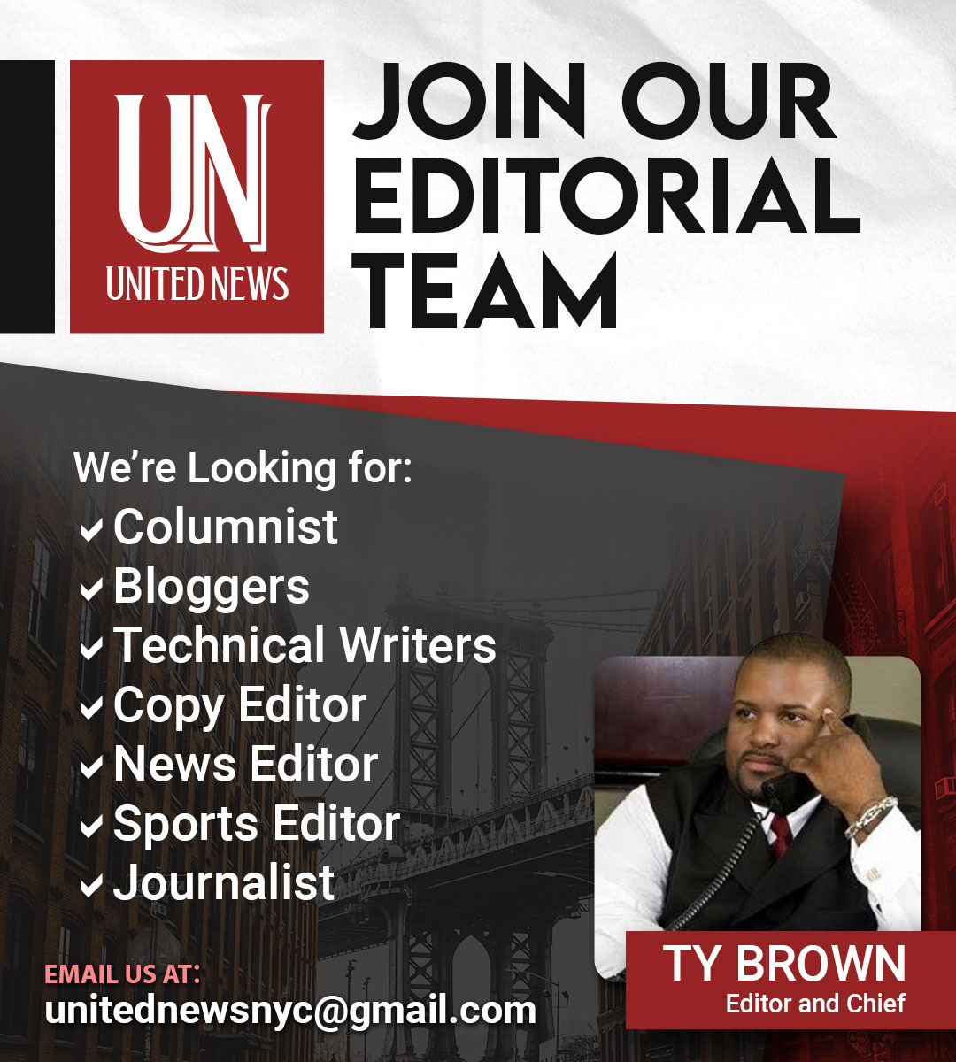 Join the United News Editorial Team and be part of a dynamic group of writers, editors, and journalist. Come and Join our team! ✨🌟
Email Us: unitednewsnyc@gmail.com
#JoinUsGrowWithUs #UnitedNews #NewsUpdate #newsupdate #hiring #hiringnow #hiring2023 #hiringalert #nowhiring
