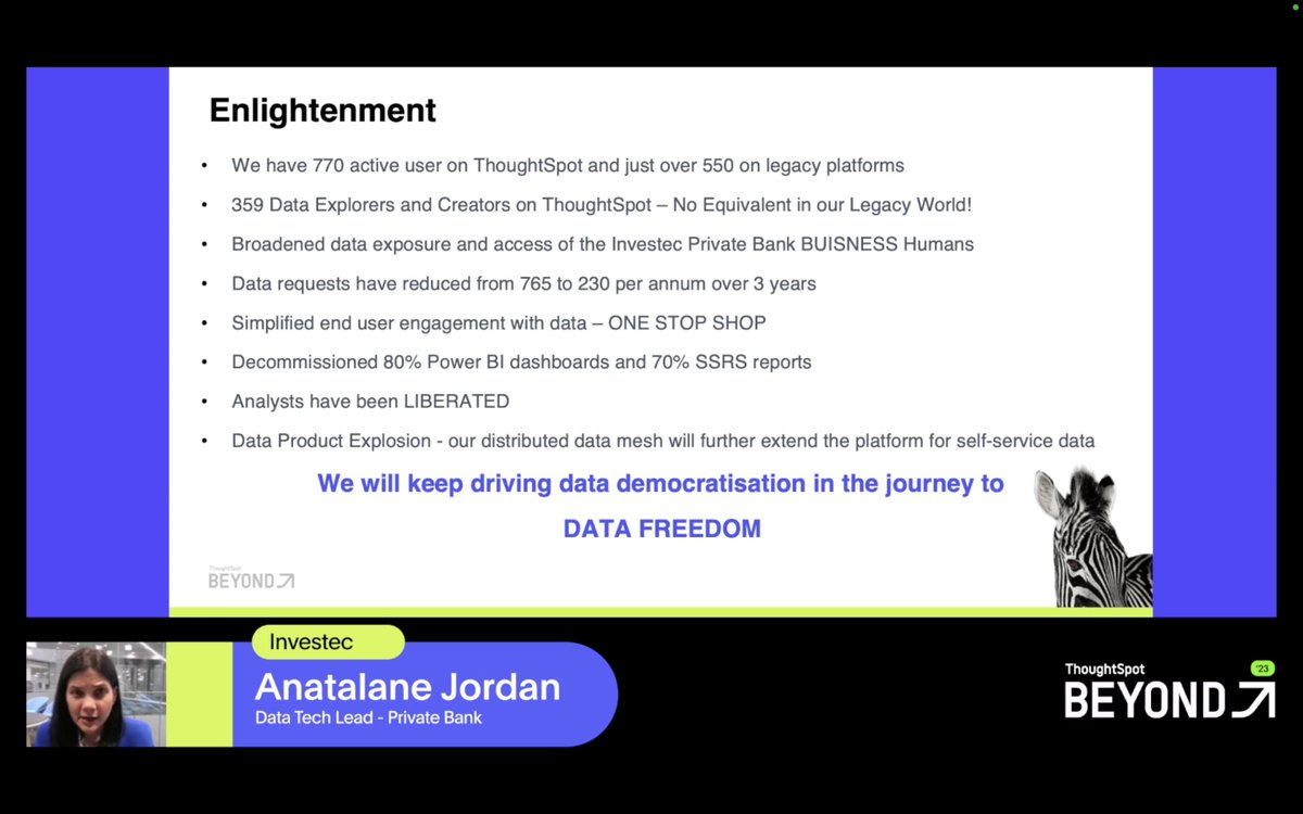 thoughtspot's tweet image. &quot;We’re on track to decommission all our #PowerBi reports and have a single view of data. Building in our users trust in the data in ThoughtSpot from day one was a non-negotiable.&quot; Antalene Jordaan, Private Bank Data Tech Lead, @Investec #BeyondData23