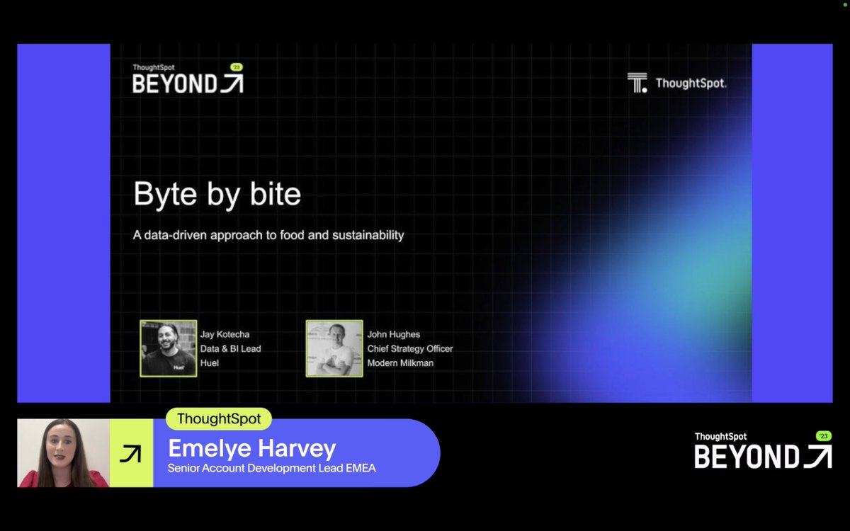 thoughtspot's tweet image. A data driven approach to sustainability at #BeyondData23. @huel and @ModernMilkman_ share their stories. A common thread to both companies' approaches? #DataDemocratization and the impact of making sure that everyone can use your company data