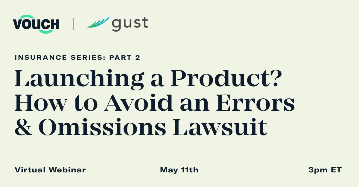 vouch_group's tweet photo. Launching a new product can be stressful, but you don't have to go it alone.

Join us for a webinar co-hosted with @gustly as Vouch's Chris Maggio discusses how to avoid potential pitfalls with Errors &amp; Omissions and Cyber Insurance.  #insuranceoftech #productlaunch https://t.co/8oR7cGnS0e