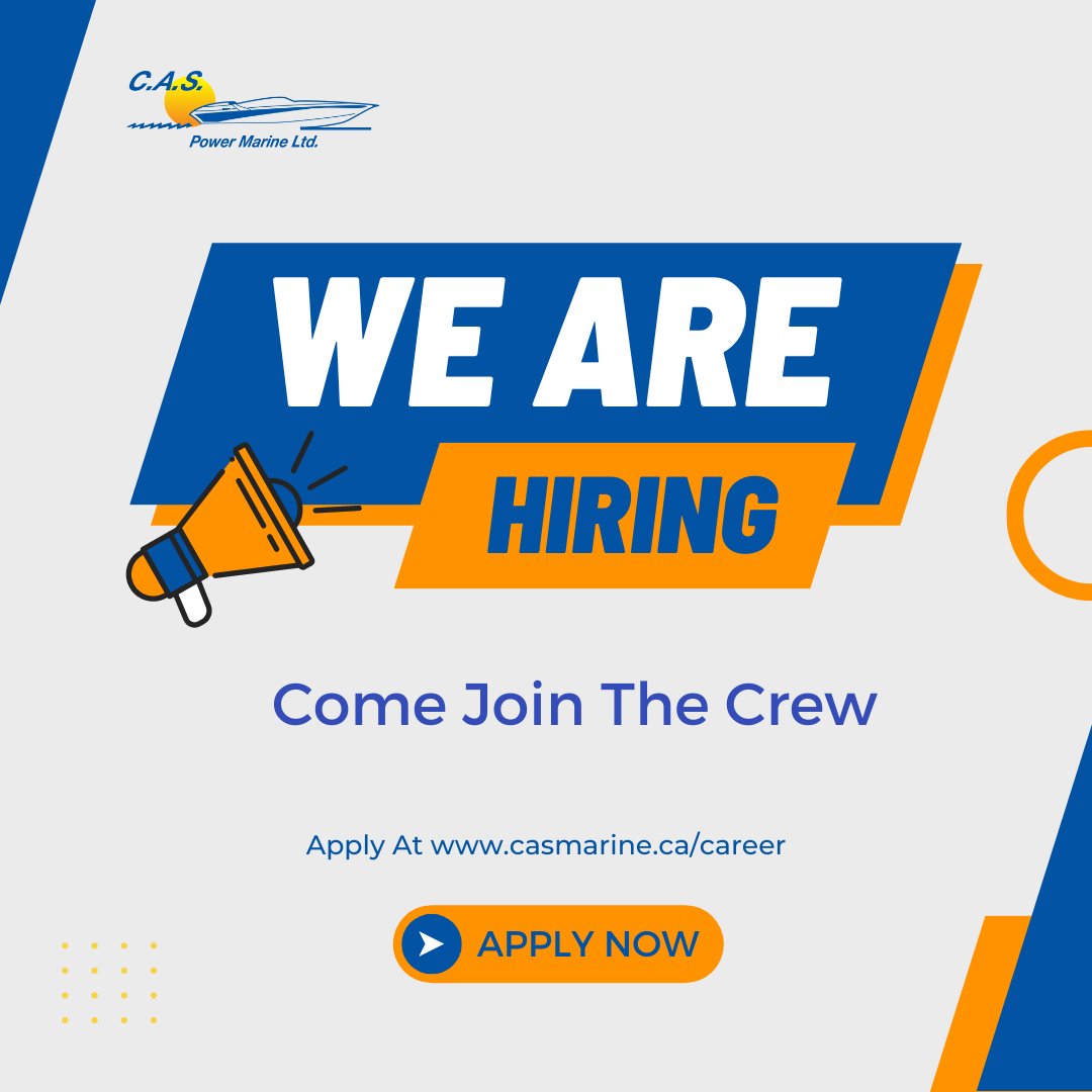 🌊Are you passionate about boats and the water? We want you on our team! C.A.S. Power Marine Ltd. is hiring enthusiastic individuals to join our crew in Ayr, Ontario. Apply today and start delivering the dream with us! #CASPowerMarine #BoatLovers #AyrOntario