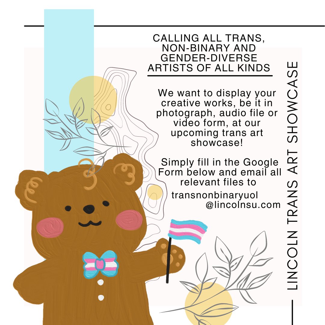 if you're a #trans artist or creative, we want to showcase your art at the University of Lincoln!! we're hosting a showcase on 19th May and would love to feature trans artists from all over the world! if that's you, please message us!!

#transgender #transartist #transart