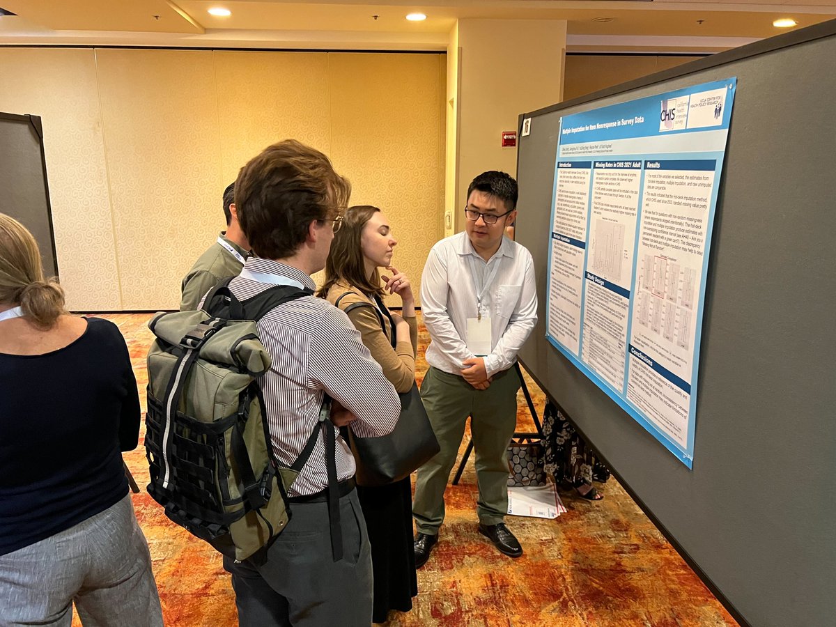 UCLAchpr's tweet image. Something we all have in common? A collective interest in #dataequity📊. @UCLAchpr CHIS Director @ToddHughesInCA and statistician Zheyu Jiang discuss some of our posters at #AAPOR23.