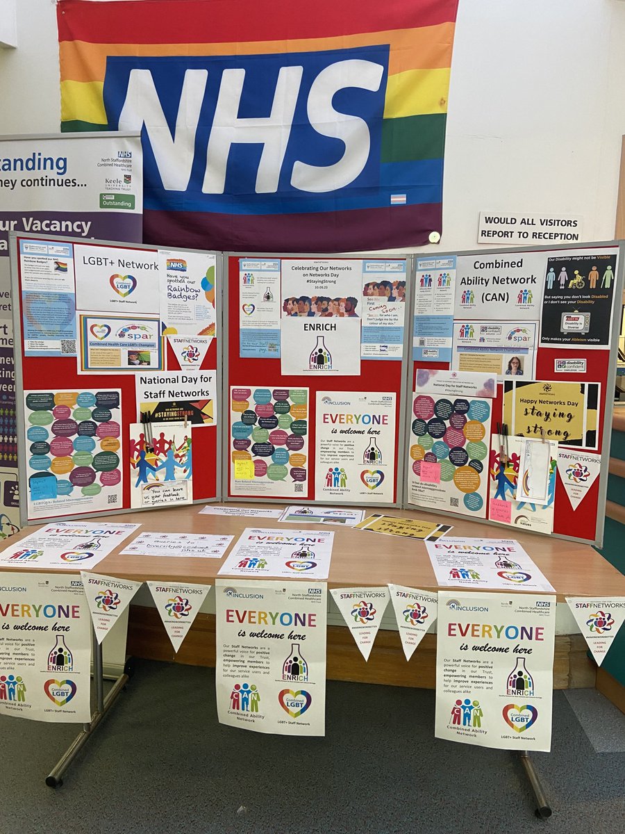 #StaffNetworksDay stand now relocated from Yarnfield to Harplands ⁦@CombinedNHS⁩ #StayingStrong ⁦@POSNetworks⁩. Pop along and find out more or go to our Staff networks page on CAT. Proud of all our networks and the difference they are making ❤️🧡💛💚🩵💙💜