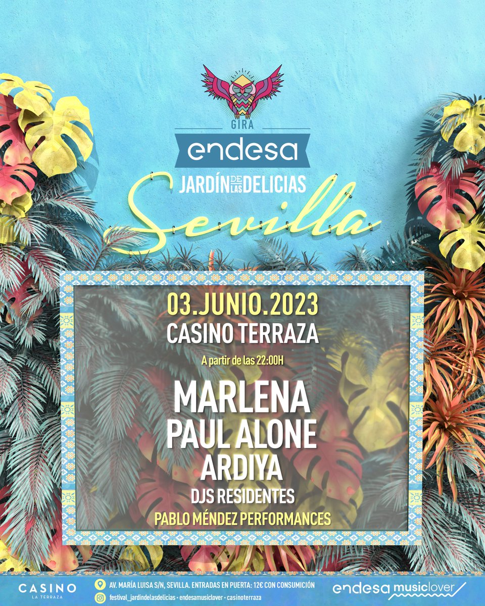 🦉💙El 3 de junio arranca la Gira <a href="/Endesa/">endesa</a> Jardín de las Delicias 2023 en Sevilla! 💥Artistas confirmados <a href="/marlenaoficial/">MARLENA</a> #PaulAlone <a href="/ArdiyaWorld/">Carletes De La Plaza</a> y <a href="/_Pablo_Mendez_/">PaBlo MÉnDEz PeRForManCeS®</a>. 🎟️Consigue tu entrada en taquilla por 12€ + consumición. 

¡Música sostenible de la mano de <a href="/EndesaMusicLove/">Endesa Music Lover</a>!