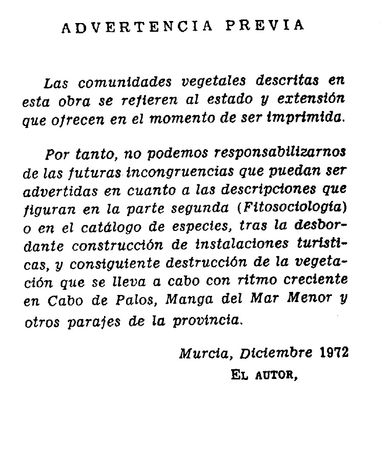 j_atocha's tweet photo. Advertencia del botánico Fernando Esteve Chueca al inicio de su "Vegetación y flora de las regiones central y meridional de la provincia de Murcia" (1972) https://t.co/MKEIe3C4nr
