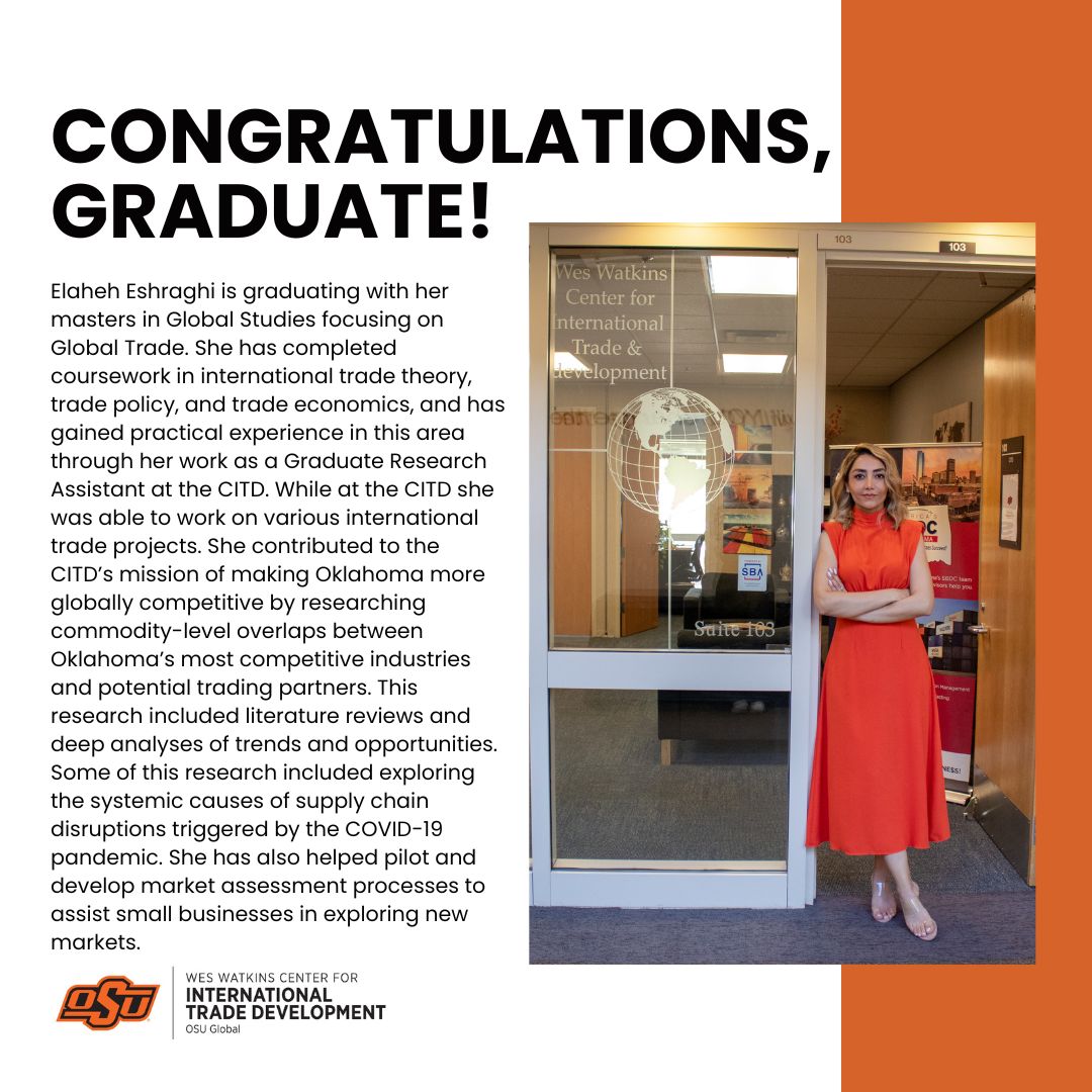 OSUCITD's tweet image. This week we will be highlighting two of our graduate research assistants who will be graduating this Friday with their master&apos;s degree in Global Studies. We are so proud of them and are excited to see what they will be doing next! First up is Elaheh Eshraghi.