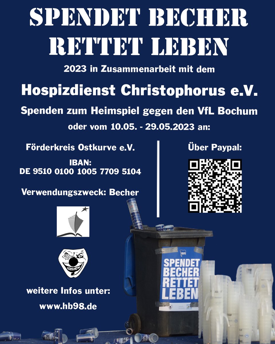 'Spendet Becher - Rettet Leben' &amp; das schon zum 18. Mal! Unsere aktive Fanszene sammelt beim Heimspiel #BSCBOC für den Hospizdienst Christophorus e.V.! 🤝 Werft eure Becher dafür einfach in die gekennzeichneten Tonnen. DANKE! 💙🤍

ℹ️ hb98.de

#HaHoHe @FKOstkurve