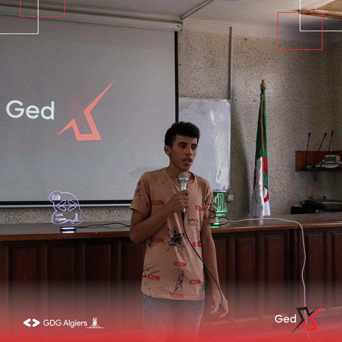 GDG_Algiers's tweet photo. Throwback to yesterday, where GedX occurred. 
Our co-lead @SARRA54627795 and the event manager Afnane along with the animator Nabil shared a few words to welcome our attendees as we kicked off our exciting event.🤗 

#Gedx #GDG #GDGAlgiers #WTMAlgiers https://t.co/ahiEtXRu9O