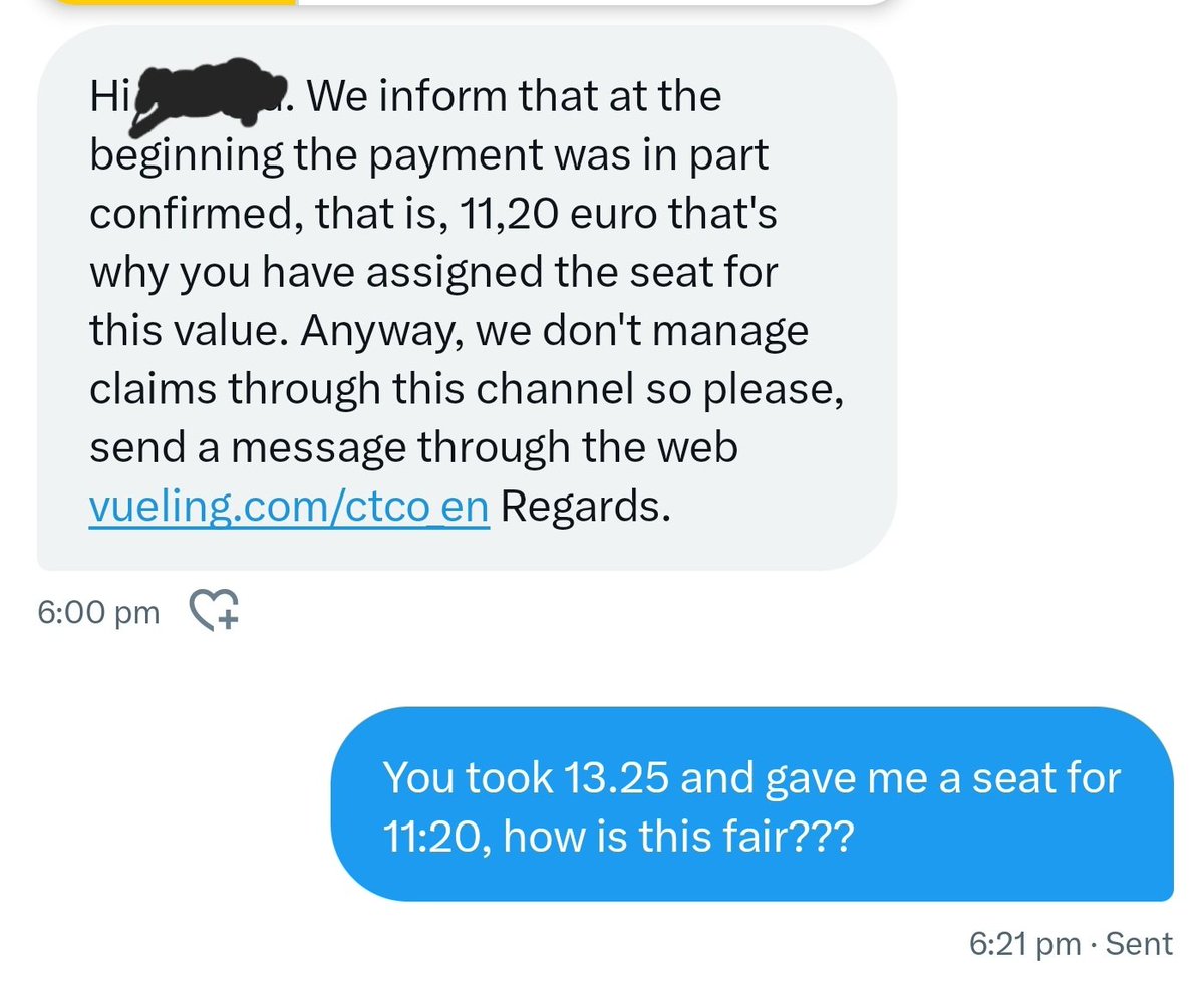 bdonshow's tweet photo. @vueling charged me to select a seat, which is ok. I paid €13.25 but they gave me a seat for €11:20. Customer service has been horrible. Total scam.

My advice is never pay for any extra service. No one will help.
#vuelingFail #airline https://t.co/jq4bN2wkWE