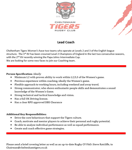 Cheltenham Tigers RFC (ENG) are looking for a Women's Rugby Lead Coach.

Part-time, further role and application details at the picture.

Please send a CV &amp; Cover Letter to chairman@cheltenhamtigers.co.uk

#rugbyvacancies #rugby