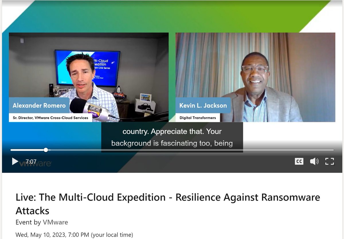 Kevin L. Jackson (@Kevin_Jackson) on Twitter photo 2023-05-10 17:36:26 Thank you, @VMware, for having me on today's live stream!! I really enjoyed the experience. Your audience is so energetic I couldn't keep up with the comment flow. 😂
Checkout the replay! linkedin.com/video/event/ur…
#VMwareEvangelist #Multicloud #MulticloudPilot Thank you, @VMware, for having me on today's live stream!! I really enjoyed the experience. Your audience is so energetic I couldn't keep up with the comment flow. 😂
Checkout the replay! linkedin.com/video/event/ur…
#VMwareEvangelist #Multicloud #MulticloudPilot