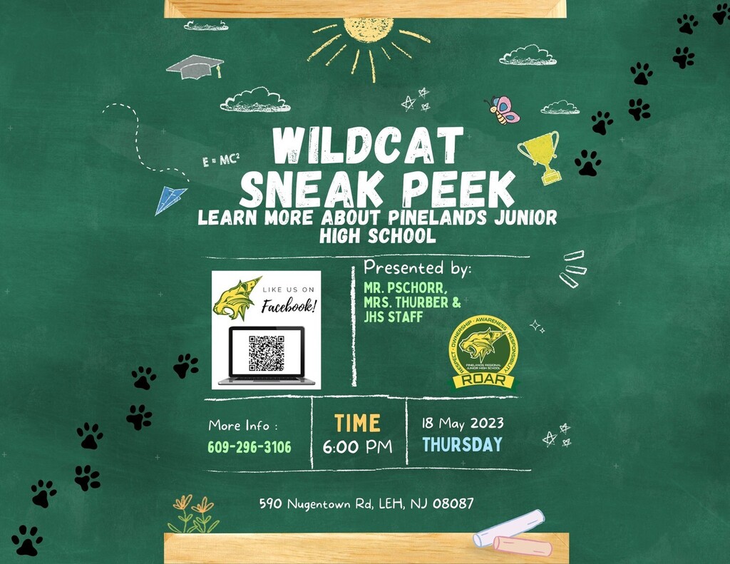 pinelandsjhs's tweet photo. Pinelands Regional Junior High School is excited to announce that we will be hosting “A Wildcat Sneak Peek”. This event will take place on Thursday, May 18th at 6:00 PM at the Junior High School.

Sixth graders and their families are invited to attend a … https://t.co/v2dfhEAgl7 https://t.co/hXVPXeI7hn