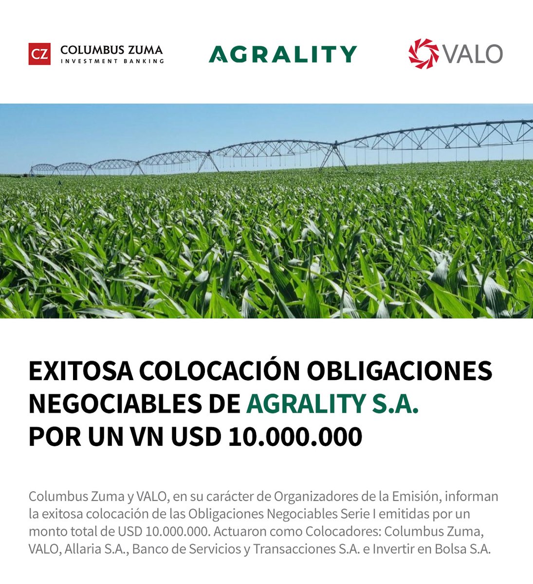 valo_arg's tweet photo. En su carácter de organizadores de la emisión,
@ColumbusZuma y VALO informan de la exitosa colocación de las Obligaciones Negociables #Agrality Serie I emitidas por un monto total de USD 10.000.000.

https://t.co/AN2W10Ustf https://t.co/qd5gR8W1hI