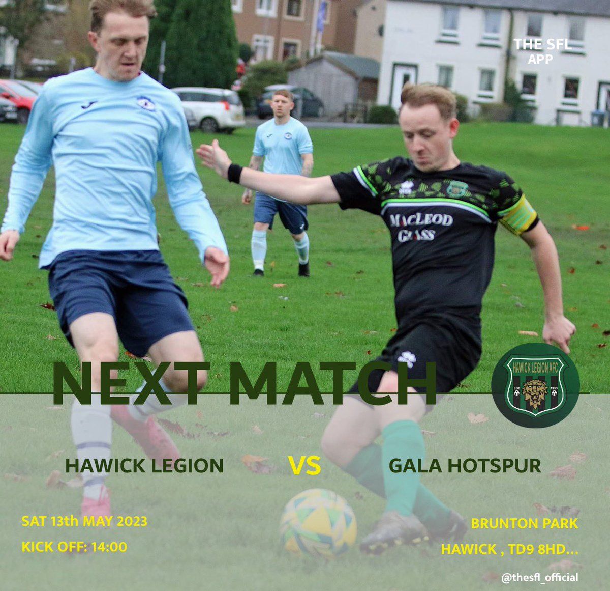 ⚽️Saturday’s Fixture⚽️

📆 - Saturday 13th May 
🏆 -  Walls Cup Semi Final       
🆚 - Gala Hotspur    
📍- Brunton Park, Hawick
🕰 - 2pm Kick Off

💚🖤