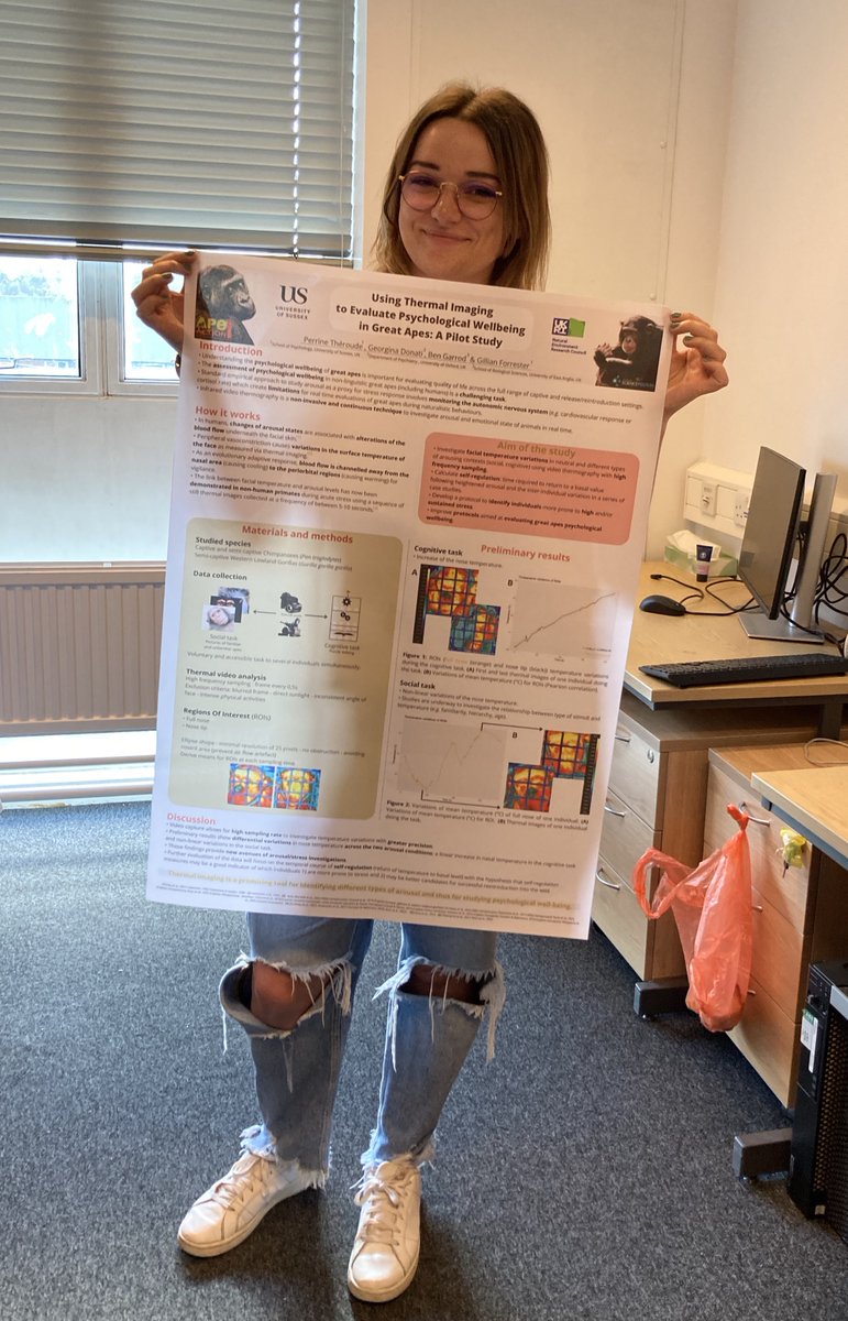 ForresterGilly's tweet photo. Crazy proud of MSc student Perrine @Universite_Caenn who is doing her placement @Sussex_Psych. She is presenting a poster at her first scientific conference @PrimateSociety tomorrow -sharing pilot work from our great ape wellbeing project @SussexUni @GeorgeItanod @Ben_garrod https://t.co/FxiY9jsRmf