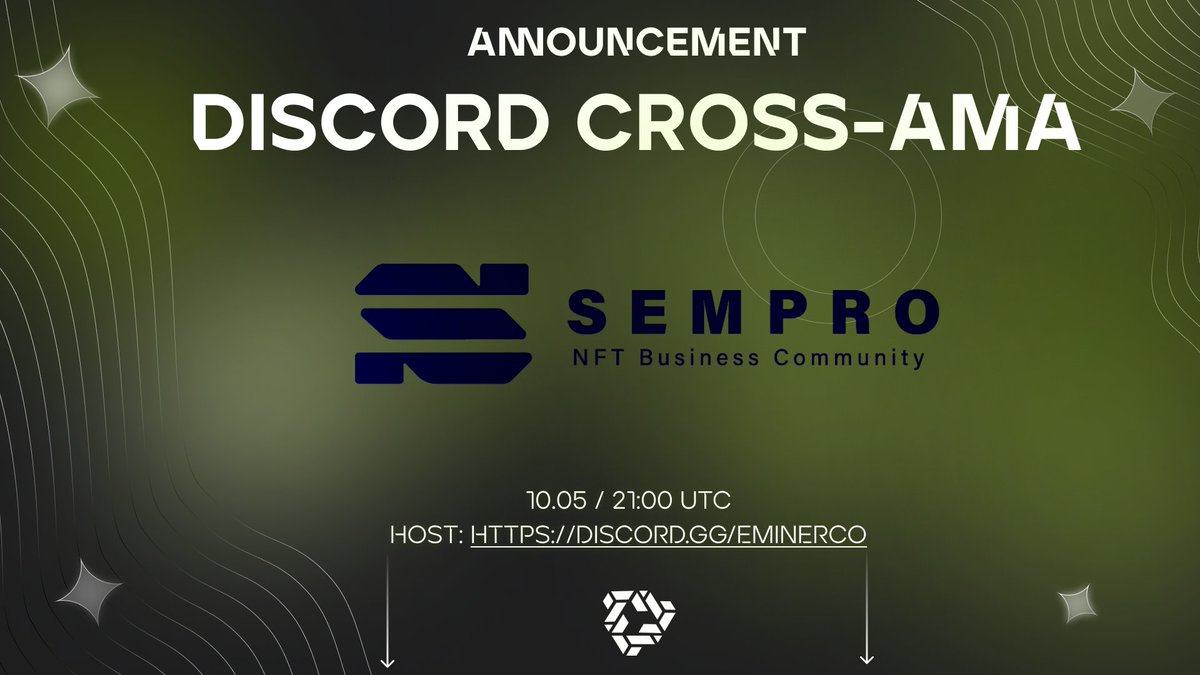 #Announcement 

🎟Discord Cross-Ama with SEMPRO (<a href="/TWCWeb3/">The World Web3 Conference</a>)

⌚10.05/21:00 UTC TIME.

🎙HOST NOW: discord.gg/eminerco

🎉GIVEAWAYALERT: 1 SOLANA, 1 OG, 5 WLs from SEMPRO.
1️⃣ RT,LIKE
2️⃣ Tag 3 Friends bellow.
3️⃣ Ask at least 1 question on AMA.

#Giveaway #GiveawayAlert #NFT #ama