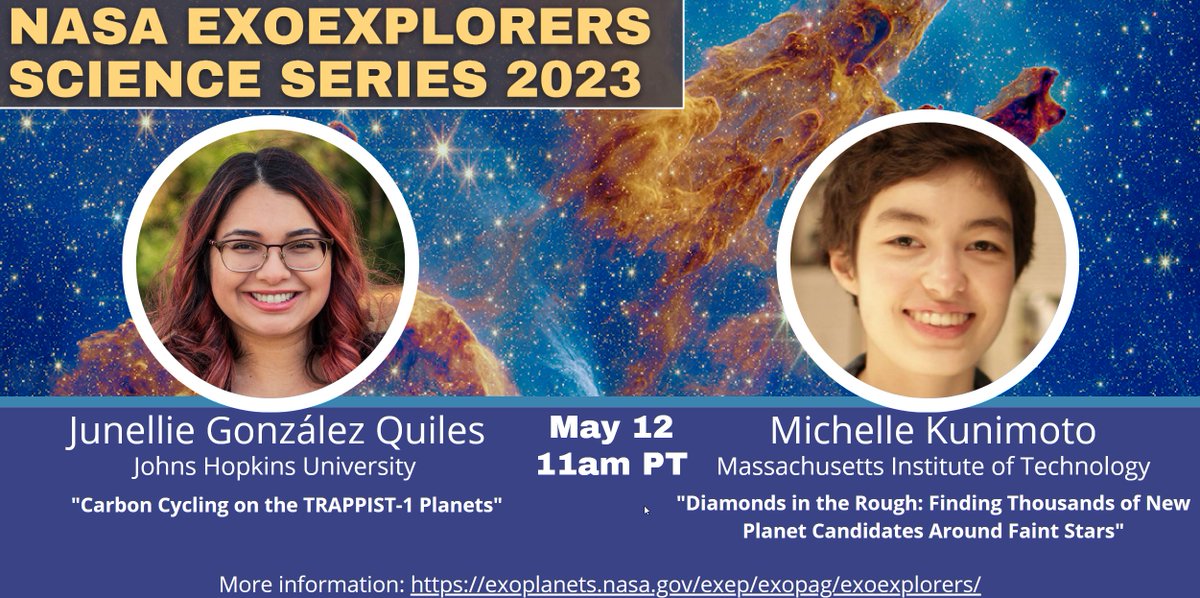 NExScI: Exoplanet Science Institute Caltech IPAC (@nexsci_ipac) on Twitter photo Don't miss the next #ExoExplorers Science Talks this Friday, May 12 at 11am PDT! <a href="/MITKavli/">MITKavli</a>'s <a href="/astro_mkuni/">Michelle Kunimoto</a> discusses a more automated solution for finding TOIs in TESS data, followed by <a href="/JunellieG/">Junellie Perez</a> of <a href="/JHUEPS/">JHU Earth & Planetary Sciences</a> on carbon cycling on the #TRAPPIST-1 planets.
exoplanets.nasa.gov/exep/exopag/ex… Don't miss the next #ExoExplorers Science Talks this Friday, May 12 at 11am PDT! <a href="/MITKavli/">MITKavli</a>'s <a href="/astro_mkuni/">Michelle Kunimoto</a> discusses a more automated solution for finding TOIs in TESS data, followed by <a href="/JunellieG/">Junellie Perez</a> of <a href="/JHUEPS/">JHU Earth & Planetary Sciences</a> on carbon cycling on the #TRAPPIST-1 planets.
exoplanets.nasa.gov/exep/exopag/ex…