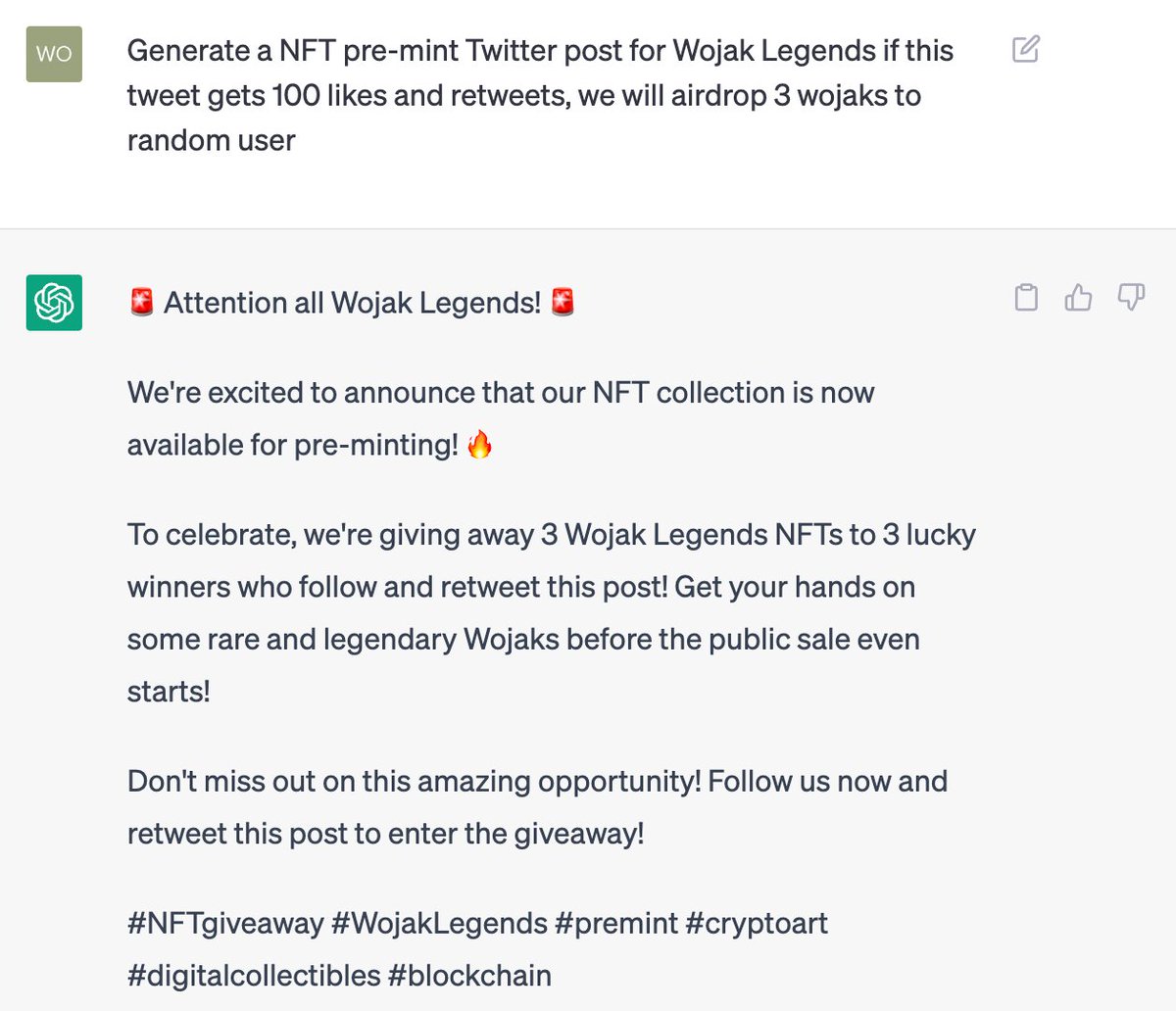 🚀 Wojak Legends NFT mint will be live soon! Join the legendary journey and collect your unique Wojak characters. When this tweet gets 100 Likes and retweets, we will drop the Mint site! #PoweredbyENS #PoweredbyAI #Wojaklegends #nftpremint #mint