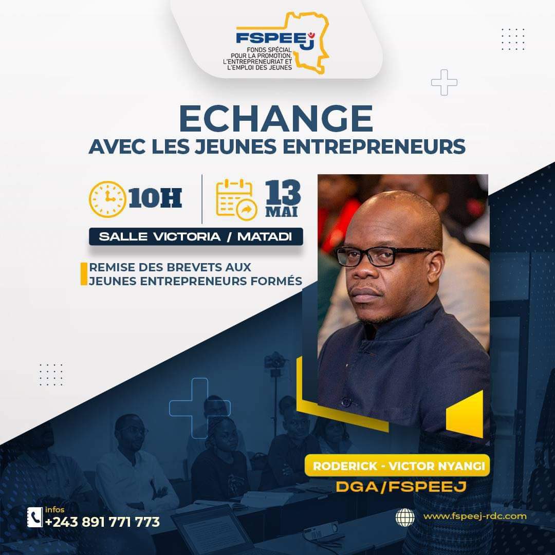 Nous serons en échange avec les jeunes entrepreneurs, ce 13 mai 2023 à 10h. 

▪️Au programme : remise des brevets aux jeunes entrepreneurs formés, à l’initiative du @fspeej_rdc

🏬Lieu : Salle Victoria / Matadi

#Accompagnement #JeunesEntrepreneurs #FSPEEJ #Formation #RDC