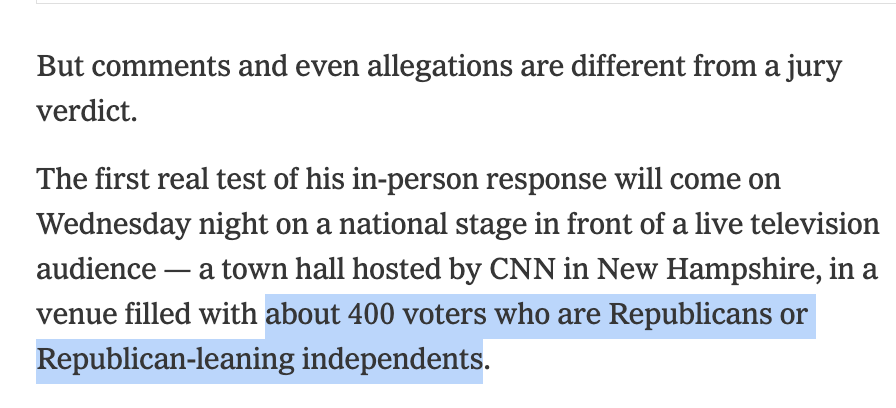 MattGertz's tweet photo. The venue for CNN's Trump town hall will be "filled with about 400 voters who are Republicans or Republican-leaning independents."

I've never seen a network try this hard to get their own anchor booed live on their own airwaves. https://t.co/rSA525kCvh https://t.co/oN0TpVWkhe