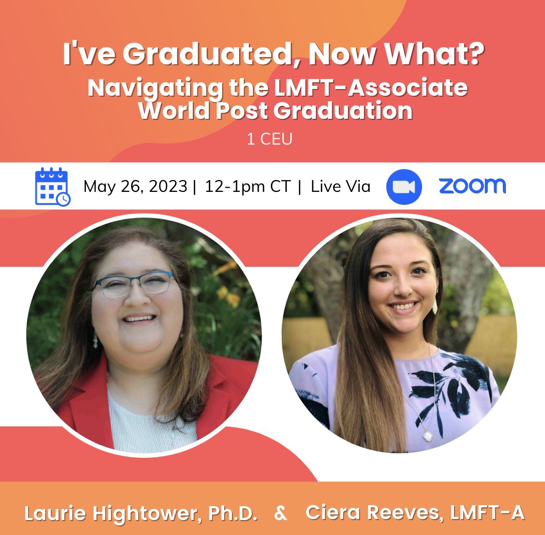 TAMFTinfo's tweet photo. Join us Friday, May 26, from 12-1 CT for our next webinar, "I've Graduated, Now What? Navigating the LMFT-Associate World Post Graduation." In this one-hour session, you'll learn more about the licensure, supervision, and more. Register today: https://t.co/ZnCrXmLeAM https://t.co/ZX2VJSSYsF