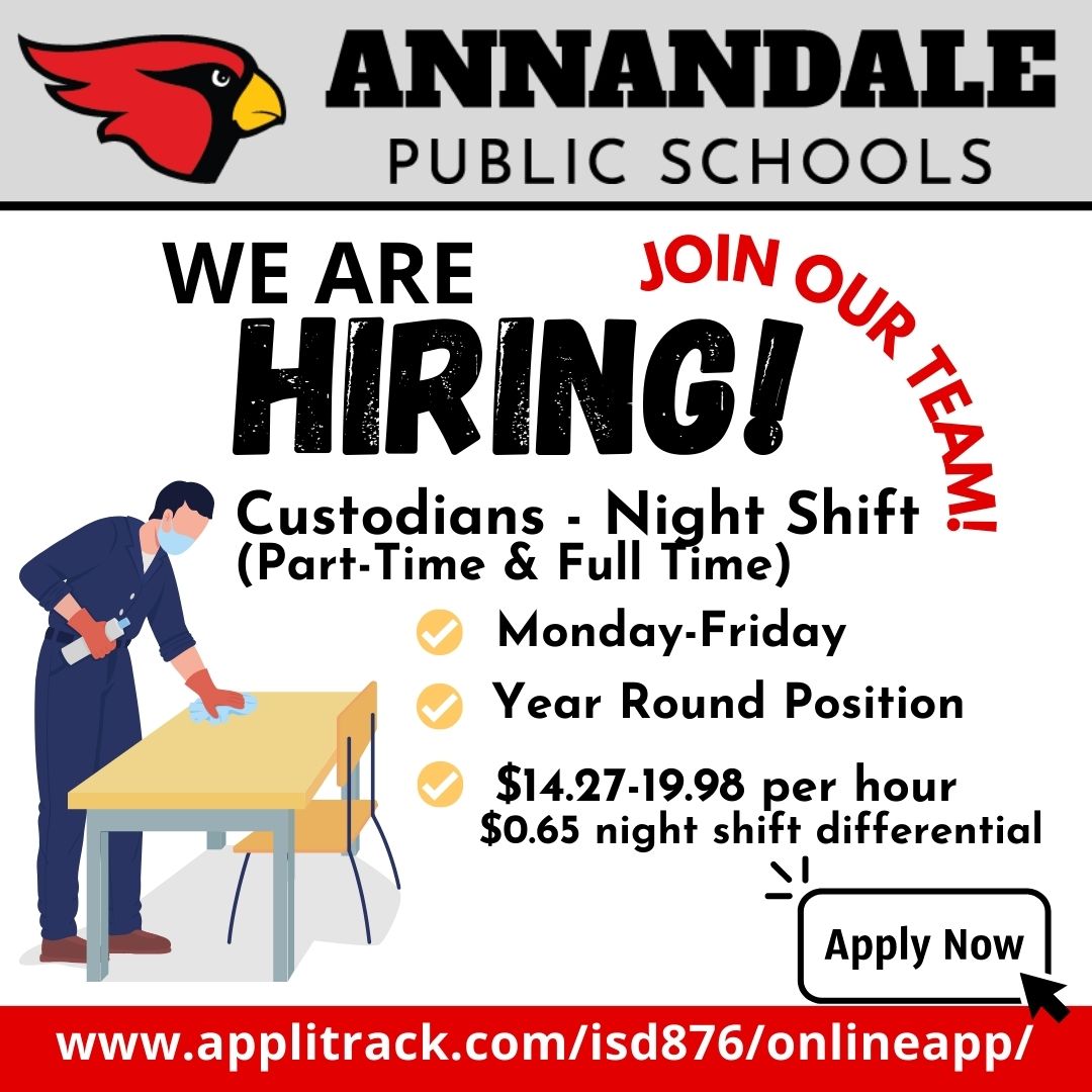 Annandale Public Schools is hiring both Part-Time and Full-Time Night Shift Custodians. Both are year round, M-F positions. Salary: $14.27-$19.98/hr plus $0.65 night shift differential. For more info &amp; to apply: applitrack.com/isd876/onlinea…
#isd876 #NowHiring #Employment #JoinOurTeam