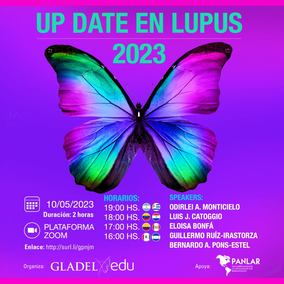 PanlarLeague's tweet photo. En el marco del Día Mundial del Lupus te invitamos a participar en este evento apoyado por PANLAR: Up date en Lupus 🦋 para especialistas.
👉Consulta la hora de tu país en la imagen
📌Puedes registrarte aquí: https://t.co/k0A6OvxWII https://t.co/aOnijGZTfq