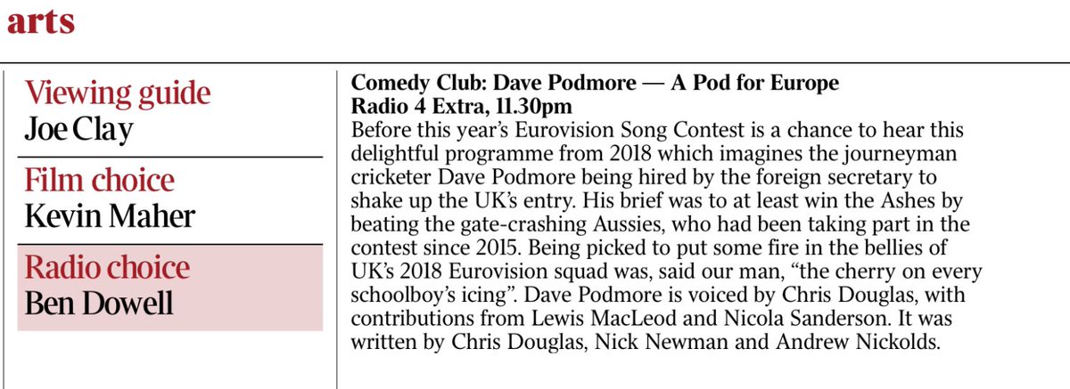 Those nice people @thetimes have made #DavePodmore’s R4 Eurovision extravaganza A Pod For Europe their pick of the day. On R4 Extra tonight at 11.30 , with @Chrishdouglas @NSanderson @lewismacleod produced by @jondharvey , very much so.