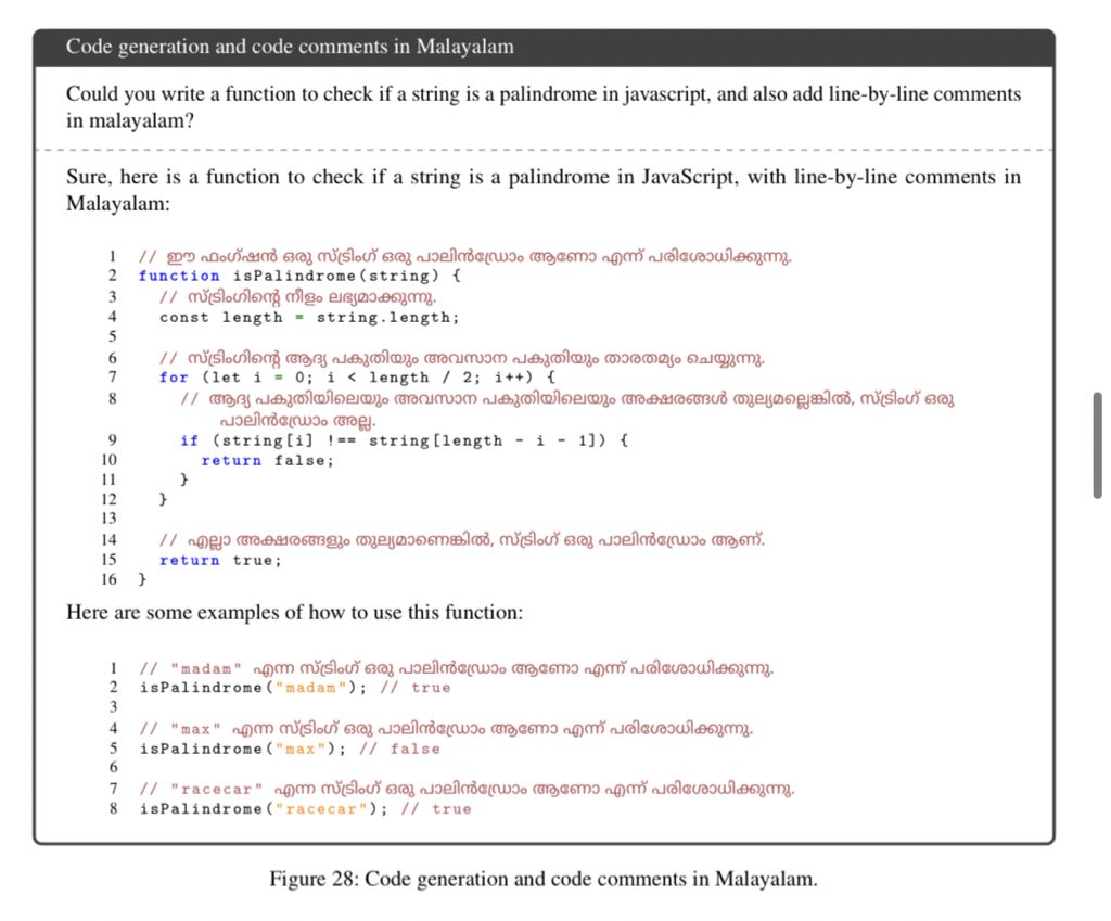 Palm2 is online: ai.google/discover/palm2 🌴🌴

Paper: ai.google/static/documen…
I learned to code with instructions in Malayalam, so this capability shown by PalM-2 instruction tuned models to explain the code make me quite happy! 

Possibilities are endless here!