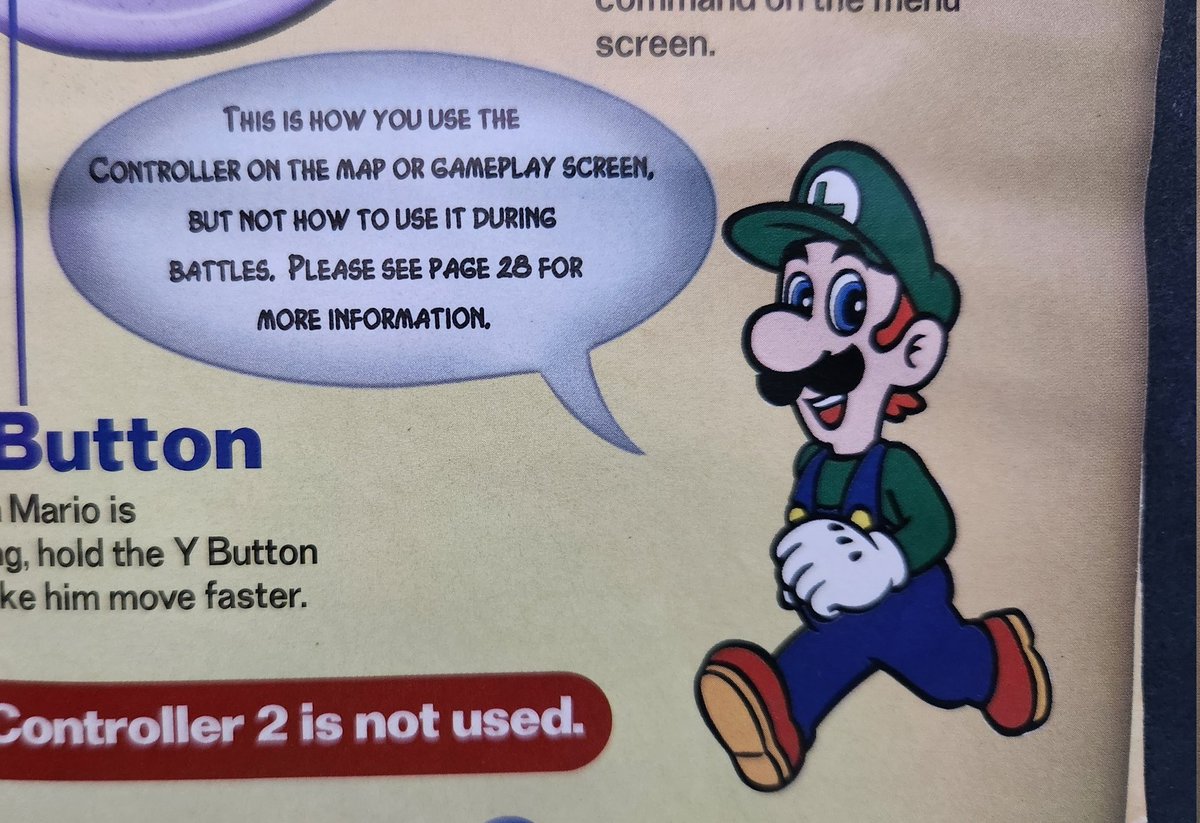 BoundaryBreak's tweet photo. Possibly the most bizarre piece of Super Mario RPG trivia is that Luigi is littered throughout the manual for the US version.

Someone at Nintendo of America clearly felt his absence in the game too. https://t.co/0yjUVL4Yqt