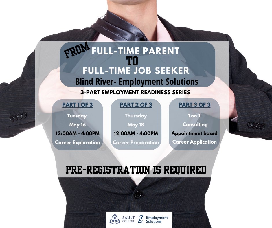 SaultCollegeES's tweet photo. Are you a parent who would like to re-enter the workforce but doesn’t know where to start?
Sault College Employment Solutions Blind River will be hosting a 3-part in-person series. 
Pre-registration is required through the link below, https://t.co/cg2eMwkAW8 https://t.co/CatKNy4F1Y