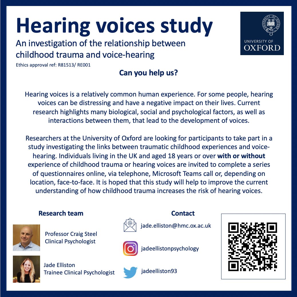❗️Research alert❗️ 

Final push! We are still looking for a few more people who are hearing voices to participate. Please share widely and do consider taking part if you hear voices, we are very grateful for your support!

psychiatryoxford.qualtrics.com/jfe/form/SV_eJ…

#hearingvoices #research