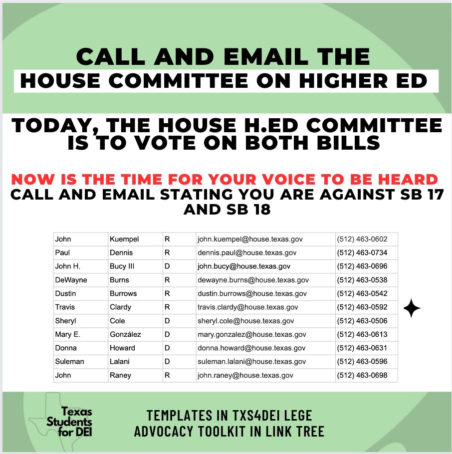 TexasforDEI's tweet photo. TODAY WE DEFEND DEI — Call and email reps on the TX House Higher Ed Committee and tell them to vote NO on SB 17 and SB 18 https://t.co/1pCE76kPid