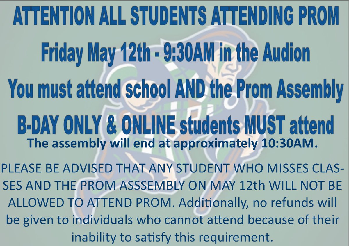 MHS_highlanders's tweet photo. ATTENTION HIGHLANDERS! Anyone attending #Prom2023 must be in attendance at the #PromAssembly on Friday @ 9:30AM. If you do not attend the assembly, you cannot attend Prom that evening. @mckeanprincipal @RedClaySchools @mckeansports @McKeanWBL @MckeanYearbook @McKeanFootball https://t.co/Hc8LZjuRin