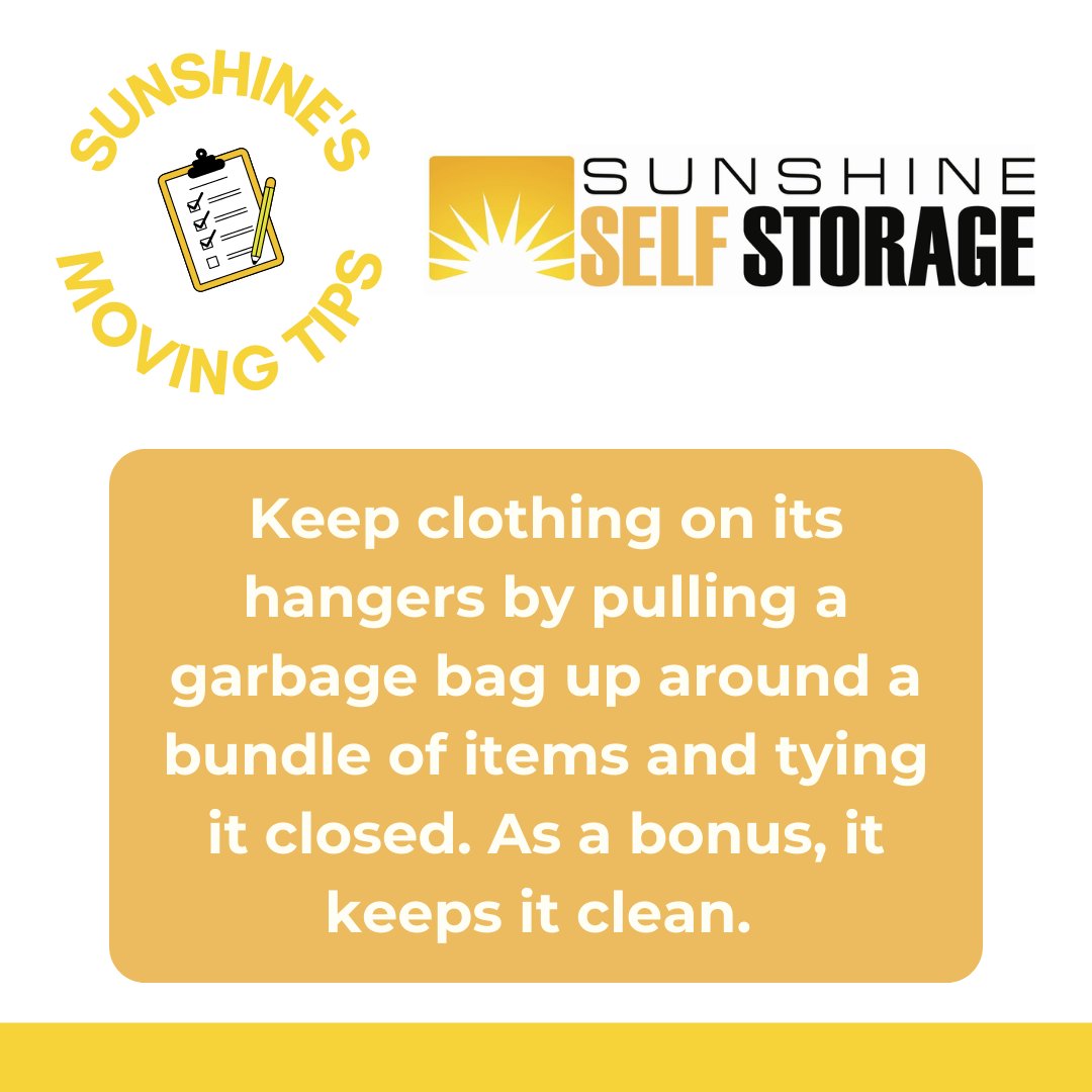 #ThursdayTips from Sunshine! 👕

#Sunshine #Blog #SelfStorage #SunshineState #SunshineStorage #PackingTips #SunshineSelfStorage #Moving #Storage #StorageWars #StorageBlog #MovingTips #Budget #Budgeting