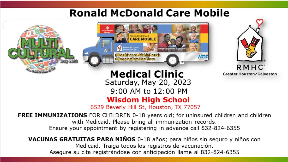 📢We will have the Ronald McDonald Care Mobile Medical Clinic giving out free immunizations to children 0-18 years old; for uninsured and children with Medicaid ❤️🧡💛💚💙💜🤎❤️