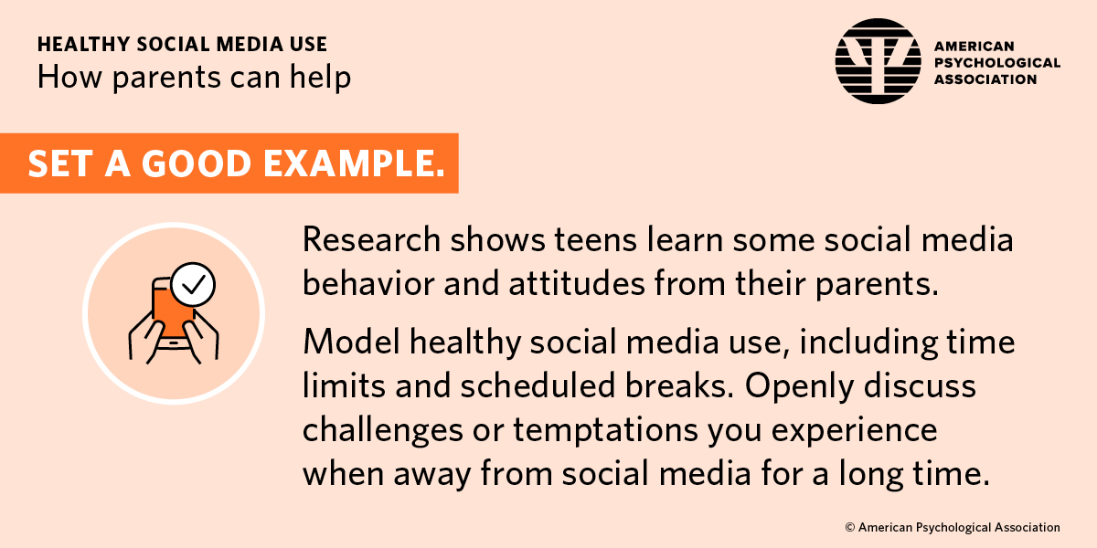 APA's tweet photo. Parents can help teens stay #SafeOnSocial by setting a good example. That means modeling healthy limits for your own social media use, including scheduled breaks and device-free time for meals and other family activities.

Learn more: https://t.co/Yy7Pp5dU4E https://t.co/gqkN70qWd9