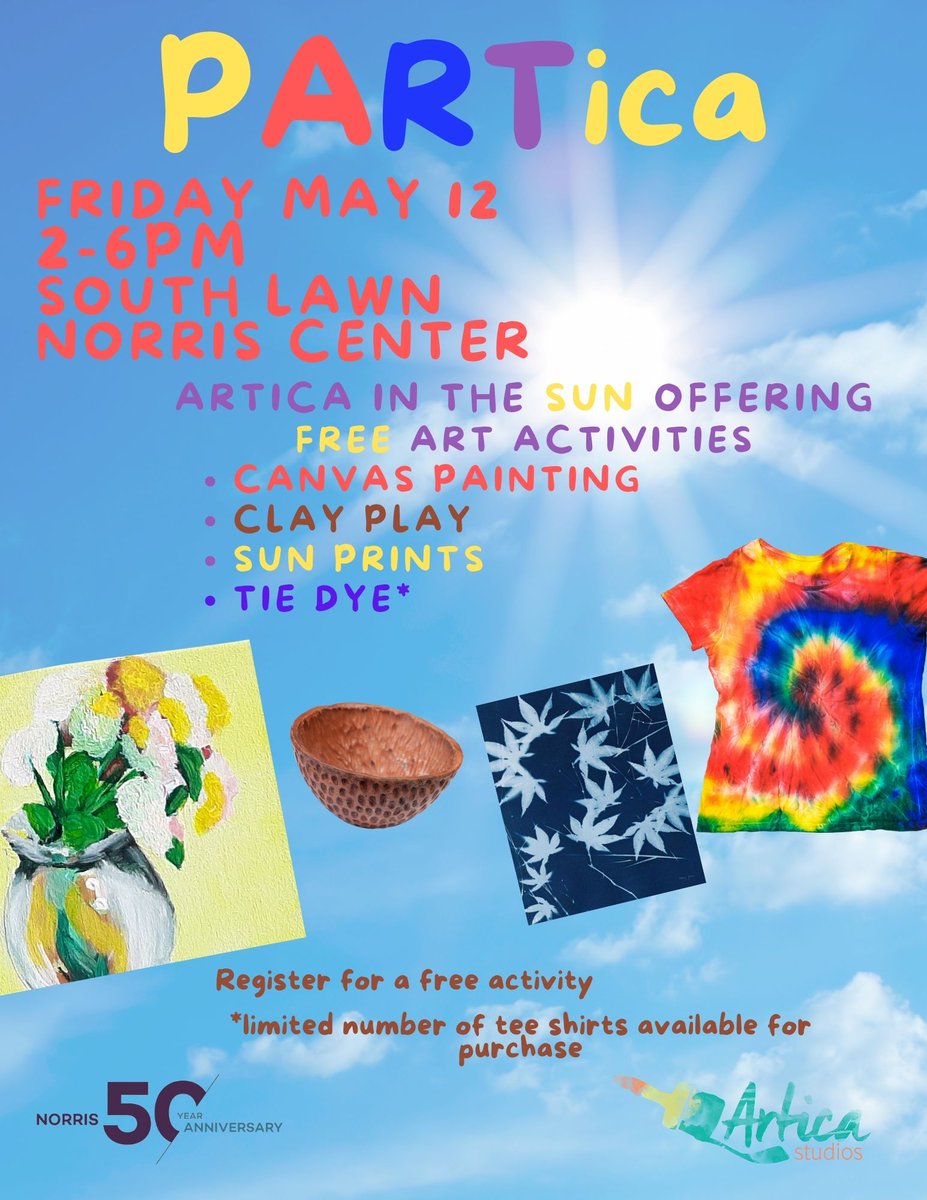🎉🎨 Get ready for the most exciting party of the year! 🙌🏼 Join us for "PARTica" with ARTica on Friday, May 12th, a FREE event on the South Lawn of Norris Center. 🌳🌞 Don't forget to save the date and invite some pals for arts and crafts in the sun! 🎉🎉