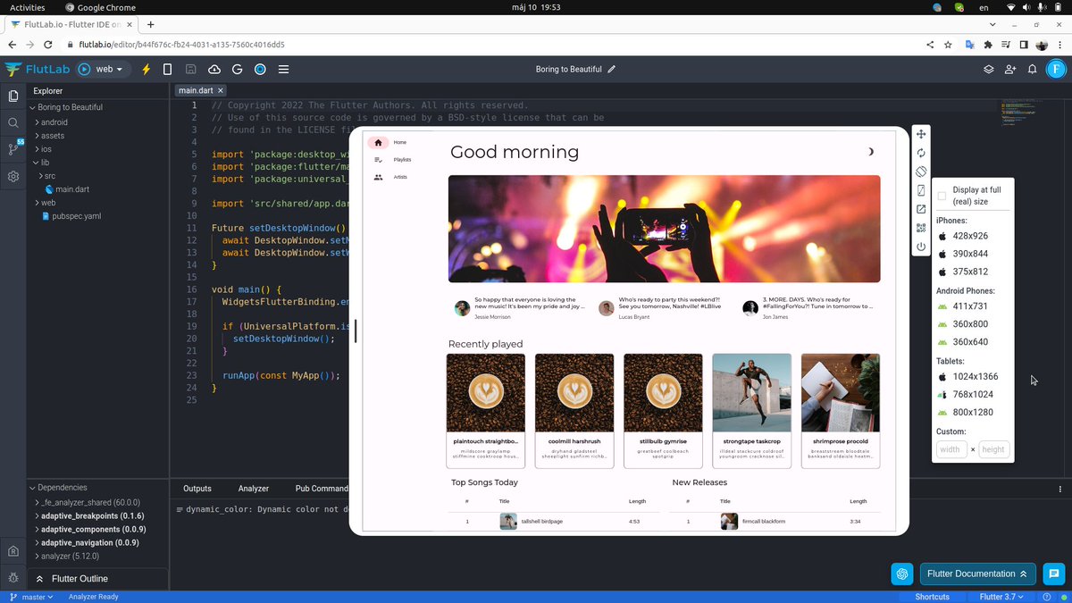 FlutLab's tweet photo. #Flutter Codelab:"Take your Flutter app from boring to beautiful"
https://t.co/7ZoDExAFwm
Play with code in the #FlutLab Sandbox:
https://t.co/3SnpCNCtC3 https://t.co/khFlwaa4s2