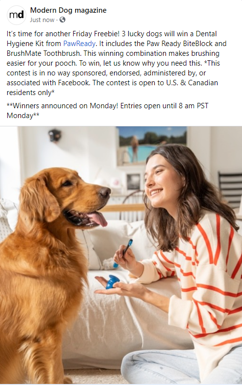 PawReady's tweet photo. If you want a FREE Pet dental hygiene kit check out this Modern Dog Magazine Facebook contest on MAY 12th for a chance to win a BITEBLOCK and BRUSHMATE Don't miss out!!! #freebie #contest #pet #petlovers #petlover #dentalhealth #instagram #Facebook https://t.co/mYCSTashiH